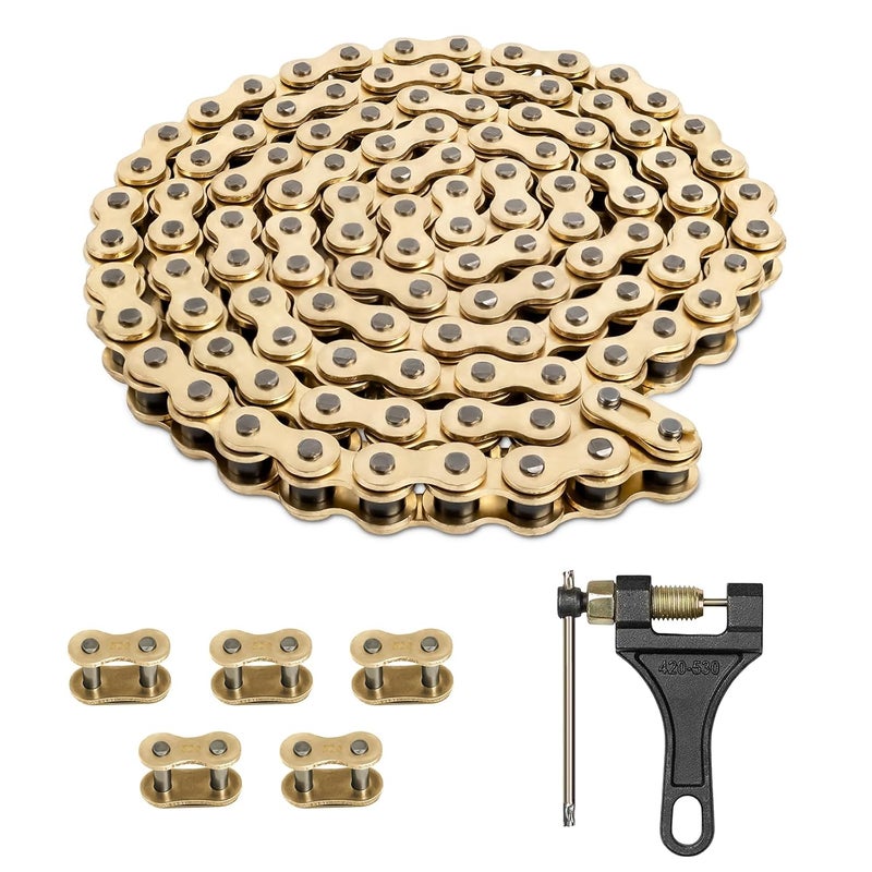 Belleone 520 Gold Motorcycle Chain 110 Links with Chain Breaker, 520 Drive Bike Roller Chain with 5 Master Links - Image 1